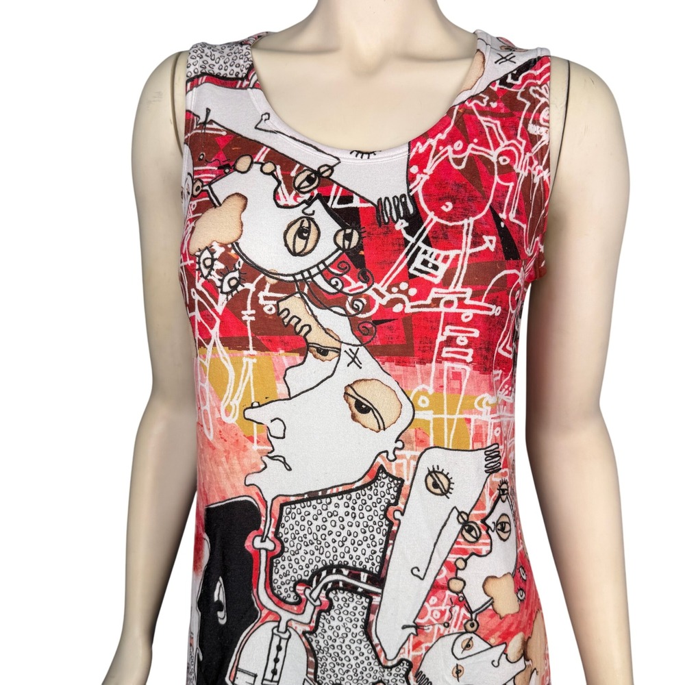 Inoah Abstract Art Print Tank L Dress Red‎ MultiSleeveless Stretch Knit USA - Picture 3 of 10